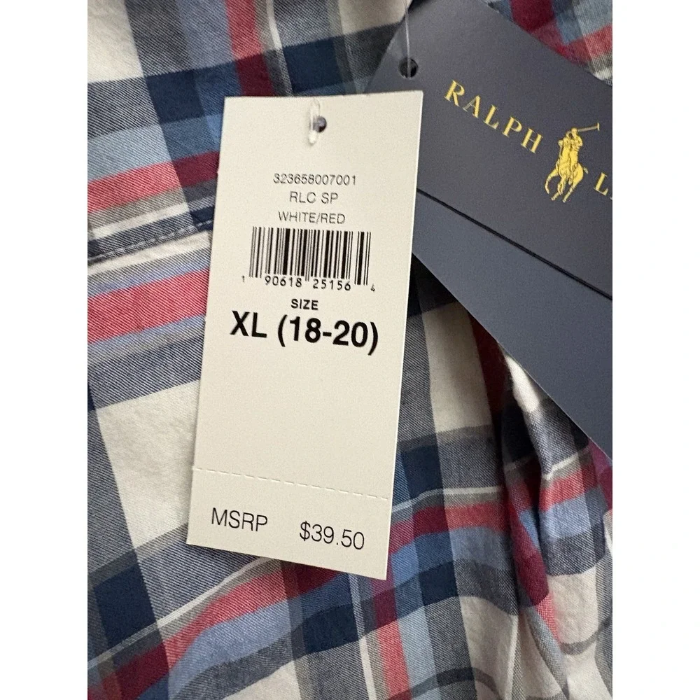 NEW Polo Ralph Lauren Boy's Button-Down Short Sleeve Shirt White Red Navy XLARGE - Picture 7 of 12